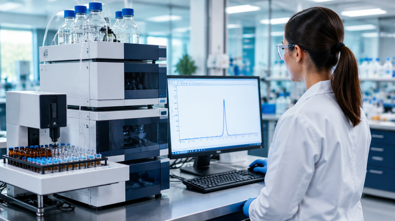 HPLC system with autosampler vials and an analyst at the workstation