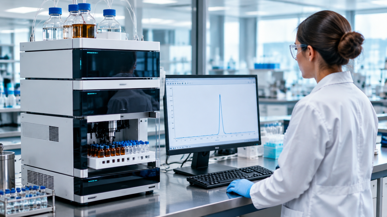 HPLC testing laboratory with a scientist reviewing a chromatogram