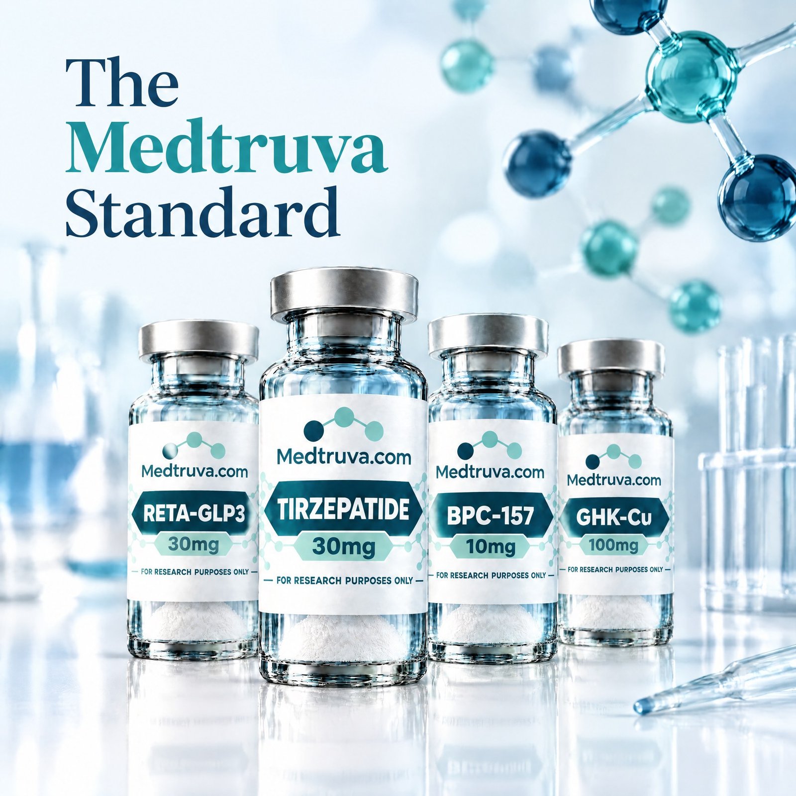Research vials, pipette and sample tray with a molecular structure overlay